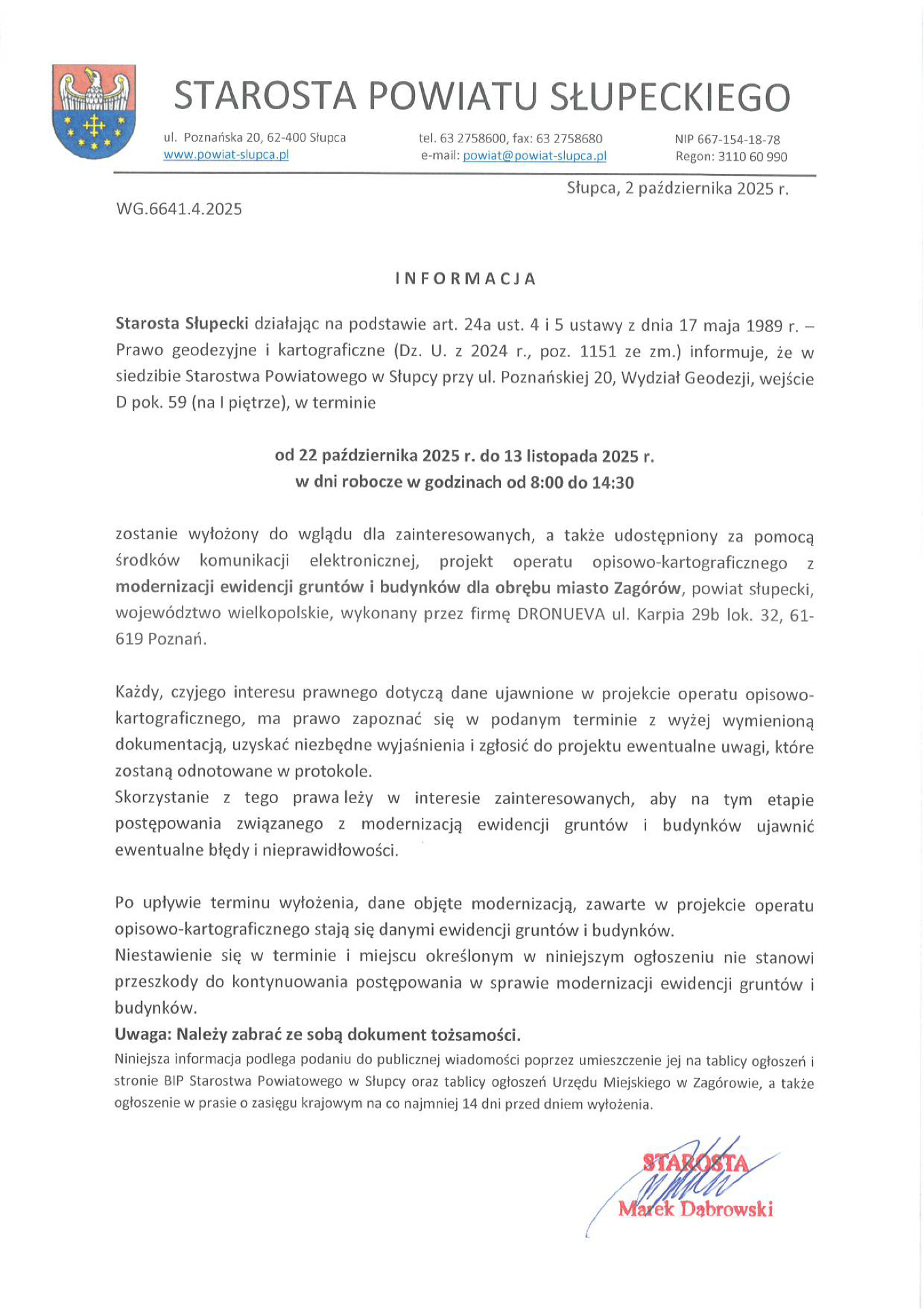 Projekt operatu opisowo-kartograficznego z modernizacji ewidencji gruntów i budynków dla obrębu miasto Zagórów