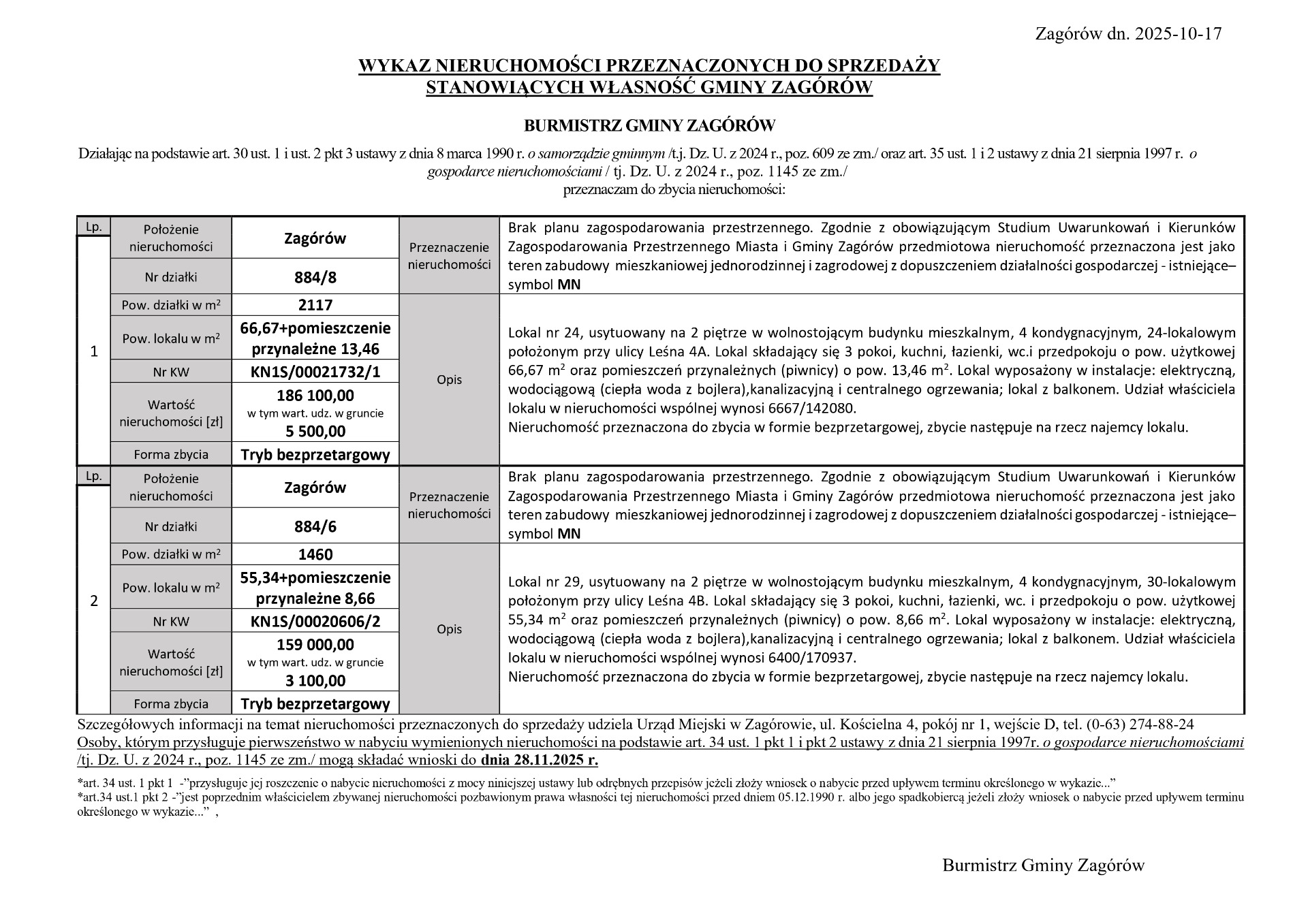 WYKAZ NIERUCHOMOŚCI PRZEZNACZONYCH DO SPRZEDAŻY STANOWIĄCYCH WŁASNOŚĆ GMINY ZAGÓRÓW