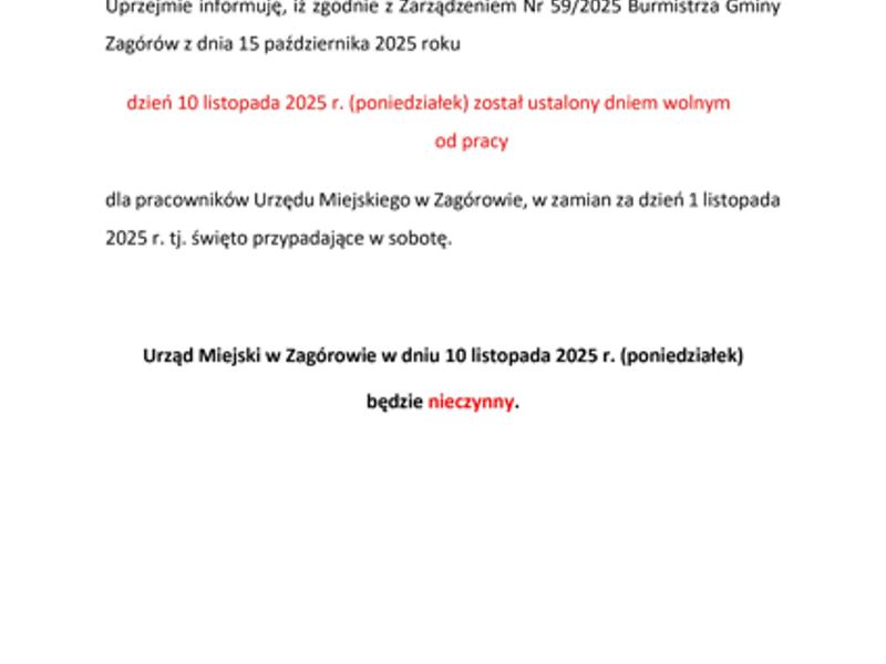 Informacja o dniu wolnym od pracy w Urzędzie Miejskim w Zagórowie