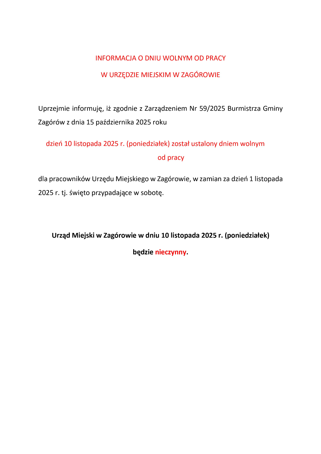 Informacja o dniu wolnym od pracy w Urzędzie Miejskim w Zagórowie