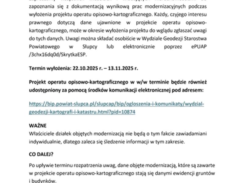 Wyłożenie projektu modernizacji i ewidencji gruntów i budynków