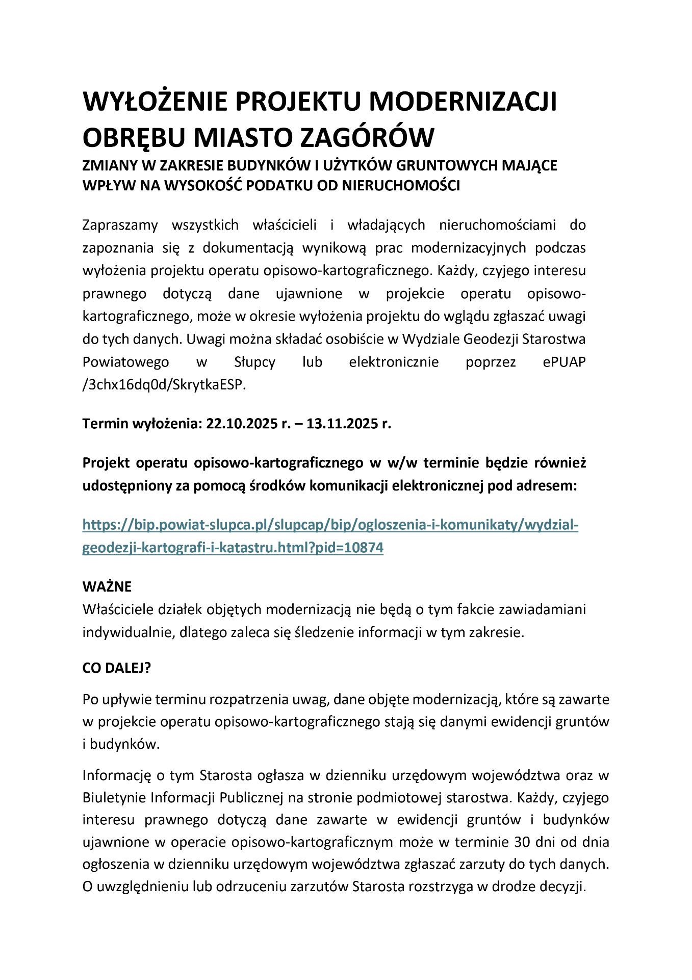 Wyłożenie projektu modernizacji i ewidencji gruntów i budynków 