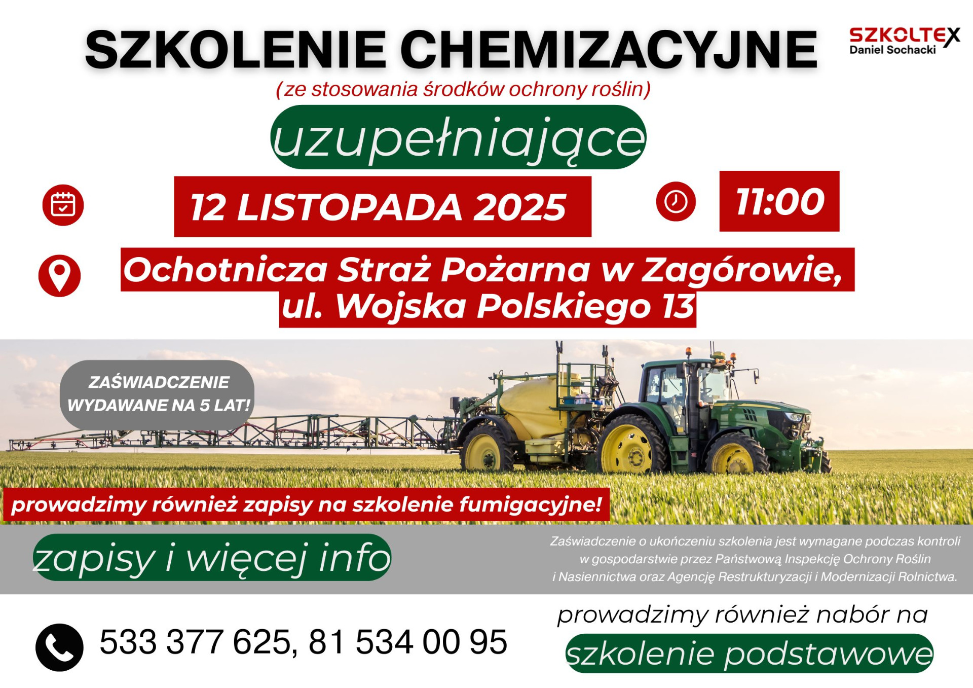 Szkolenie skierowane do rolników w zakresie STOSOWANIA ŚRODKÓW OCHRONY ROŚLIN 