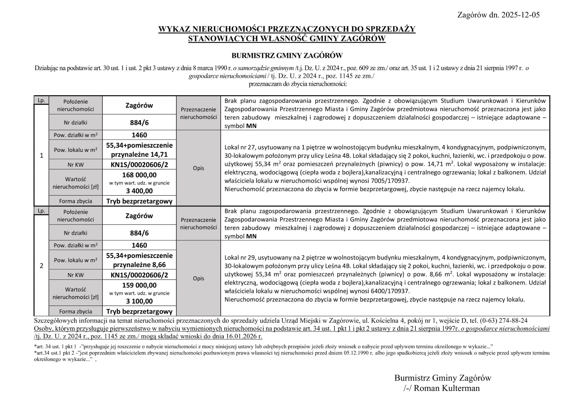 Wykaz nieruchomości przeznaczonych do sprzedaży stanowiących własność gminy Zagórów
