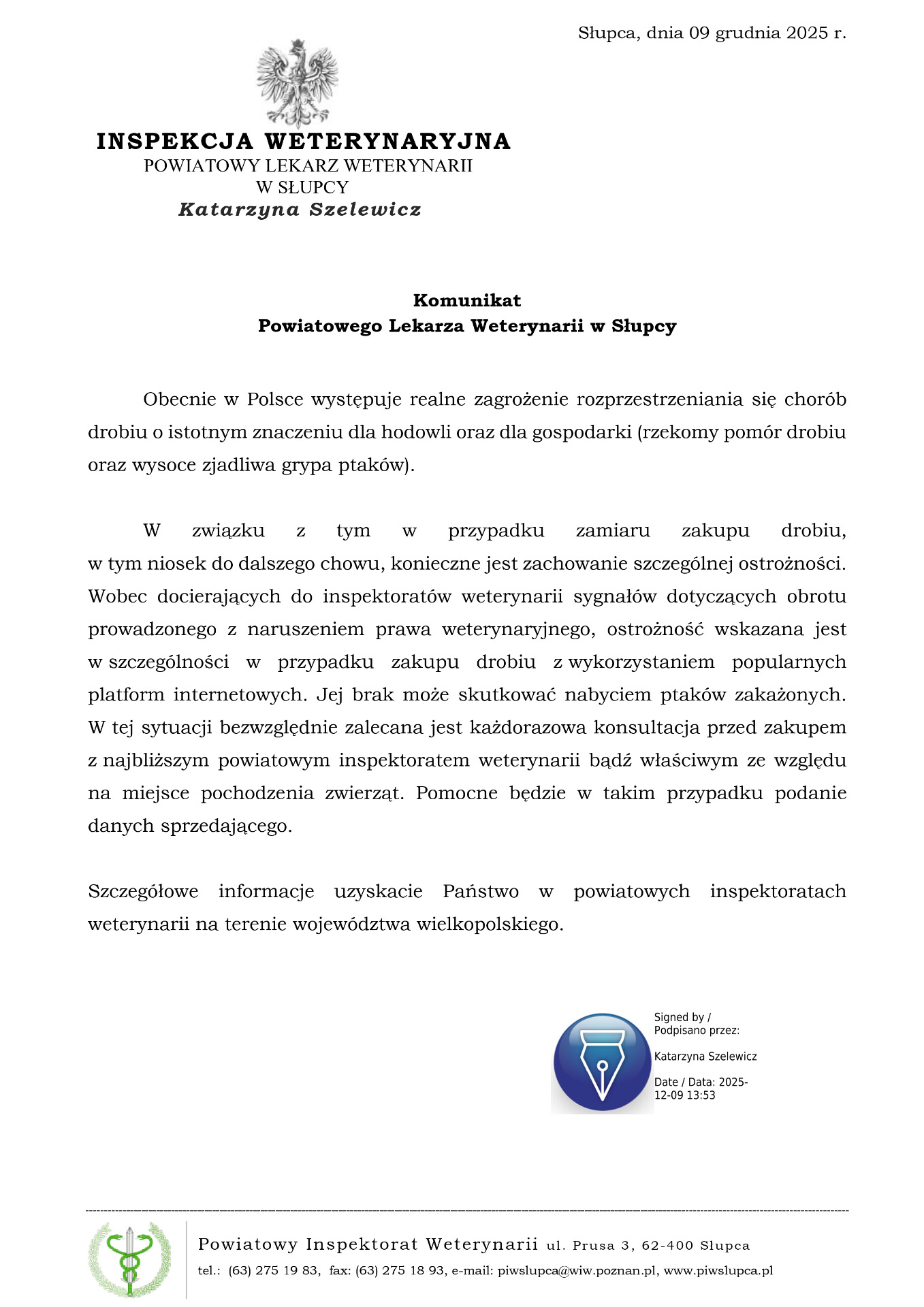 Komunikat PLW w Słupcy 