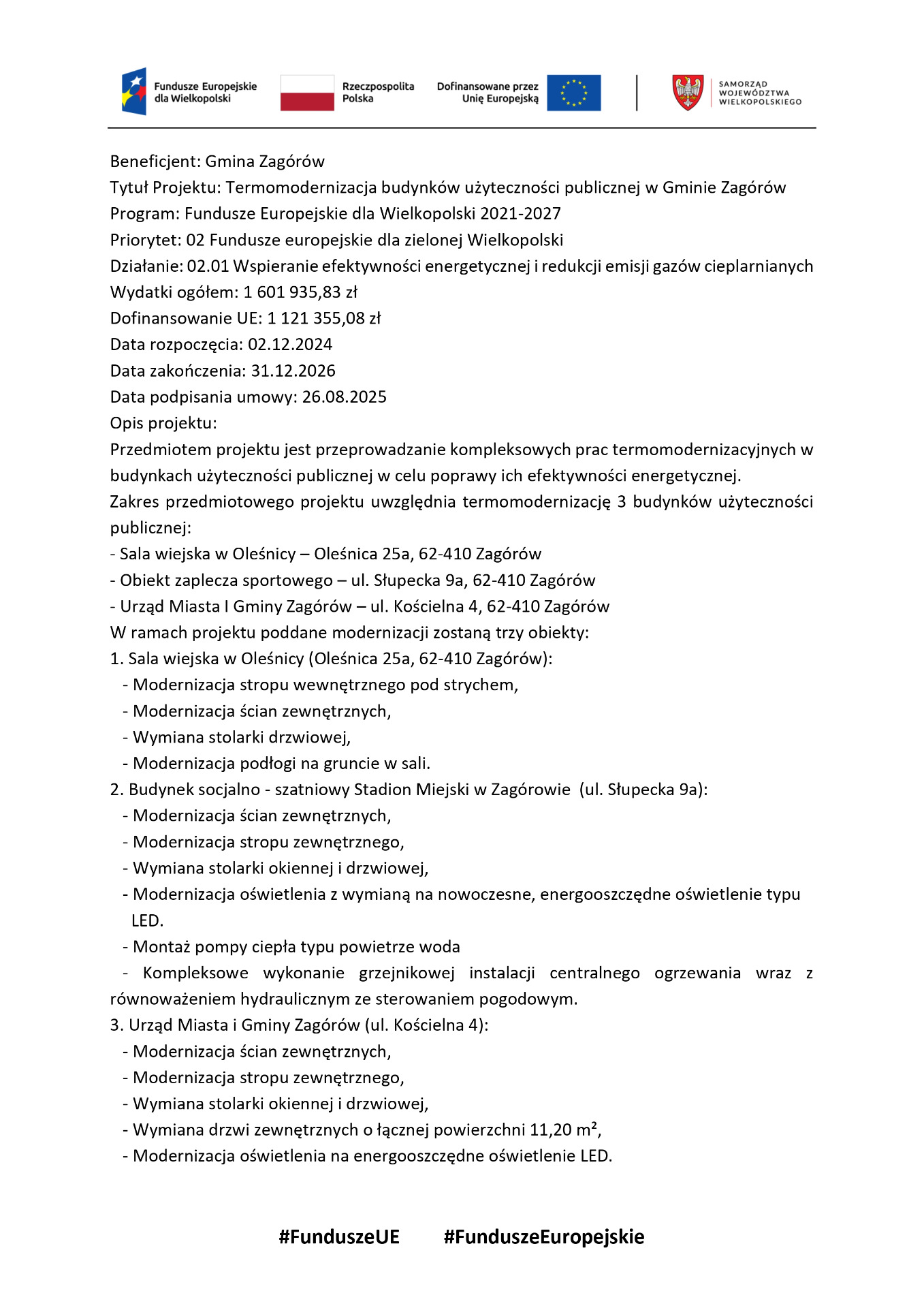 Termomodernizacja budynków użyteczności publicznej w Gminie Zagórów