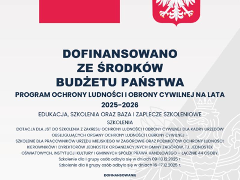 Plakat informujący o otrzymanym dofinansowaniu ze środków budżetu państwa.