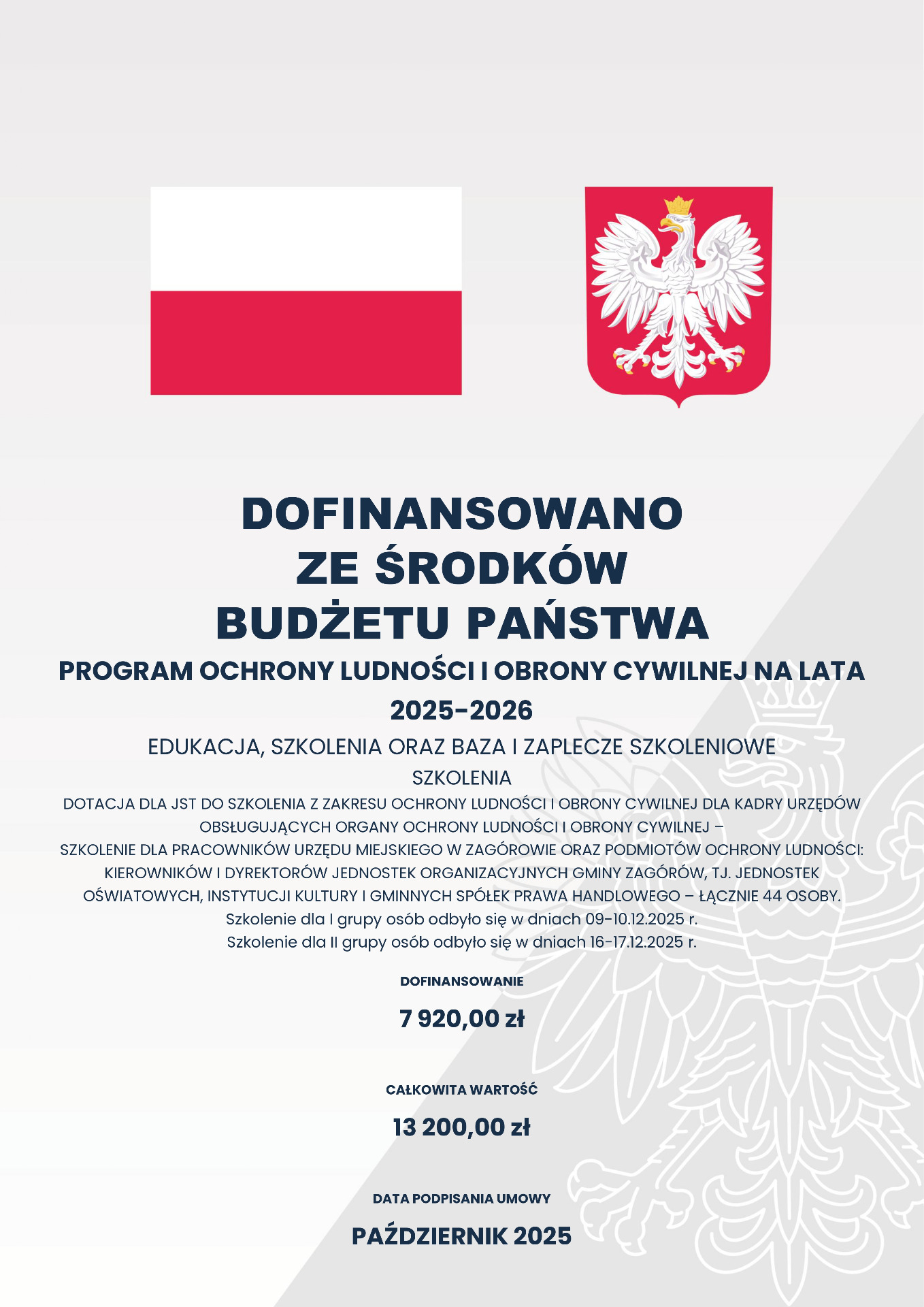 Plakat informujący o otrzymanym dofinansowaniu ze środków budżetu państwa.