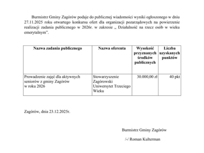 OGŁOSZENIE WYNIKÓW OTWARTEGO KONKURSU OFERT NA POWIERZENIE REALIZACJI ZADANIA PUBLICZNEGO Z BUDŻETU GMINY W 2026R.