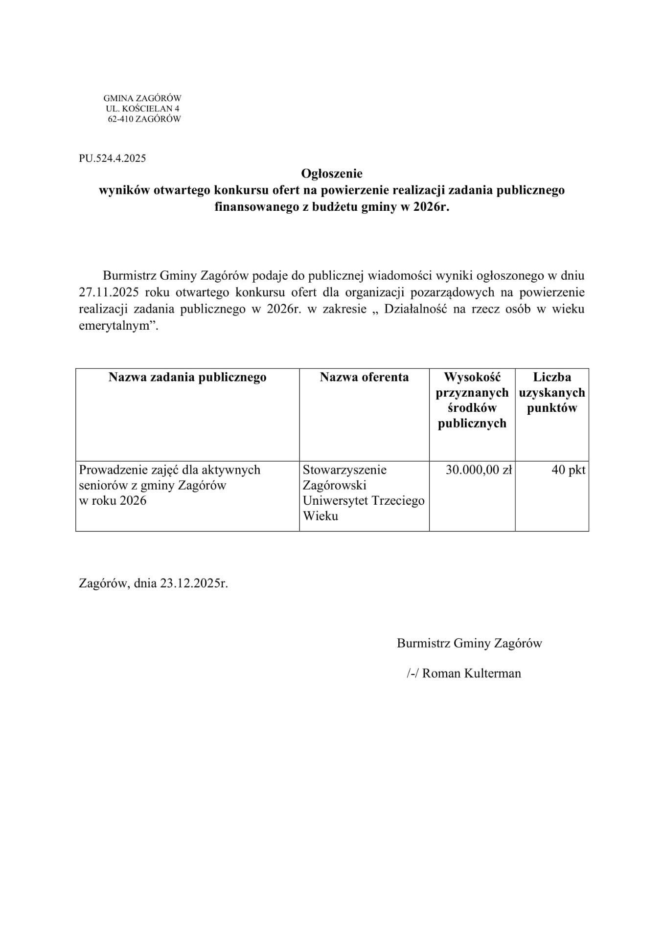 OGŁOSZENIE WYNIKÓW OTWARTEGO KONKURSU OFERT NA POWIERZENIE REALIZACJI ZADANIA PUBLICZNEGO Z BUDŻETU GMINY W 2026R.