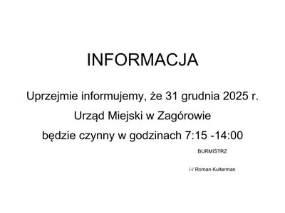 Informacja o godzinach pracy Urzędu.