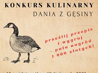 zdjęcie przedstawiające gęś oraz informacje o konkursie kulinarnym "Dania z gęsiny"