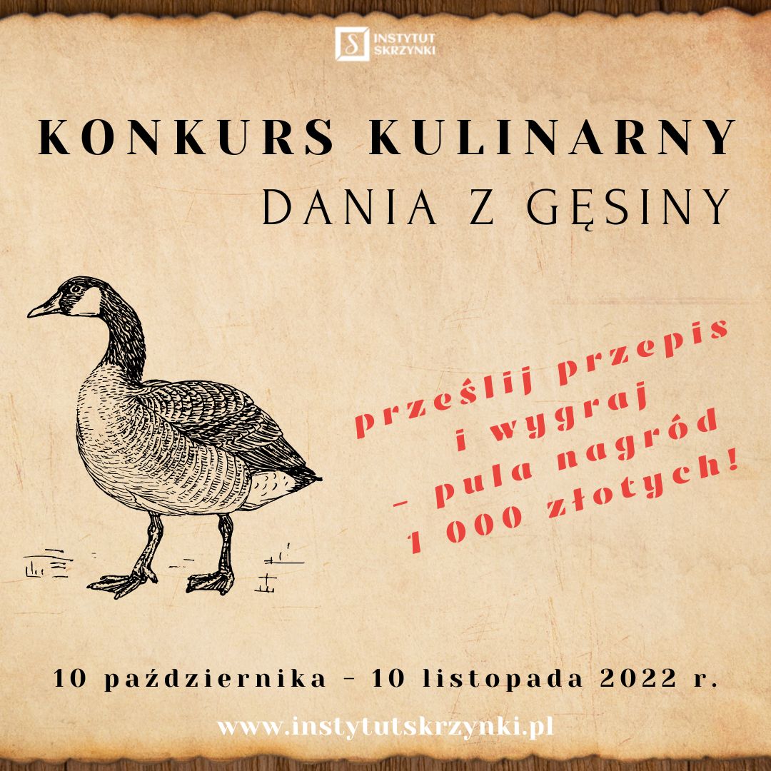 zdjęcie przedstawiające gęś oraz informacje o konkursie kulinarnym "Dania z gęsiny"