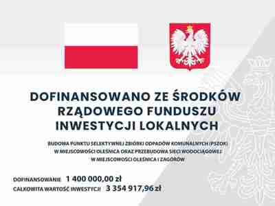 Tablica informacyjna o przyznanym dofinansowaniu ze środków Rządowego Funduszu  Inwestycji Lokalnych.