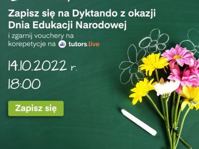 Plakat zachęcający uczestnictwo w Dyktandzie z okazji Dnia Edukacji Narodowej.
