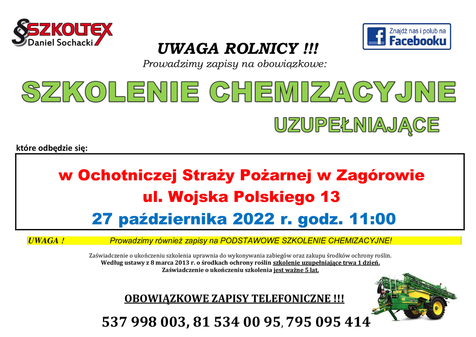 Ulotka informująca o szkoleniu chemizacyjnym uzupełniającym dla rolników w dniu 27 października 2022 r.