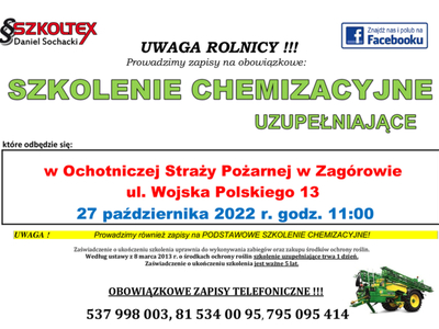 Ulotka informująca o szkoleniu chemizacyjnym uzupełniającym dla rolników w dniu 27 października 2022 r.