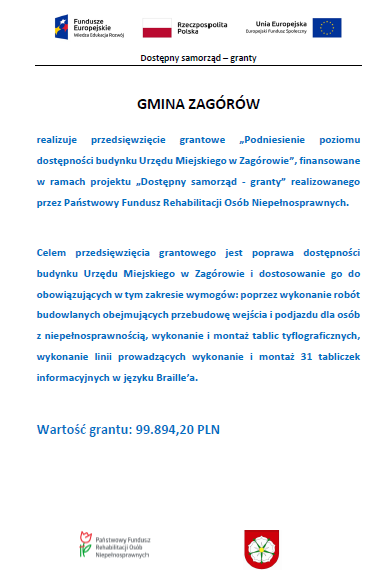 Informacja o otrzymanym dofinansowaniu w ramach projektu "Dostępny samorząd - grant"