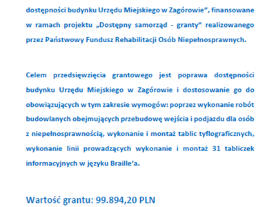 Informacja o otrzymanym dofinansowaniu w ramach projektu "Dostępny samorząd - granty"