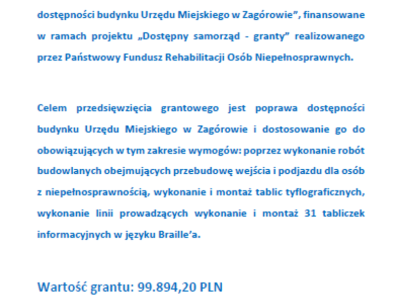 Informacja o otrzymanym dofinansowaniu w ramach projektu "Dostępny samorząd - granty"