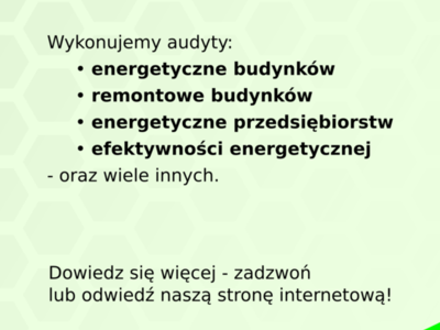 Plakat informujący o możliwości wykonania audytu przez Przedsiębiorstwo Modernizacji Energooszczędnych  PERITERM