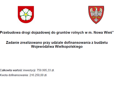 Informacja o otrzymanym dofinansowaniu z z budżetu Województwa Wielkopolskiego na Przebudowę drogi dojazdowej do gruntów rolnych w m. Nowa Wieś