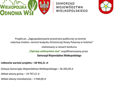 Tablica informacyjna  o zagospodarowaniu przestrzeni publicznej na terenie sołectwa Imielno -remont budynku Ochotniczej Straży Pożarnej w Imielnie