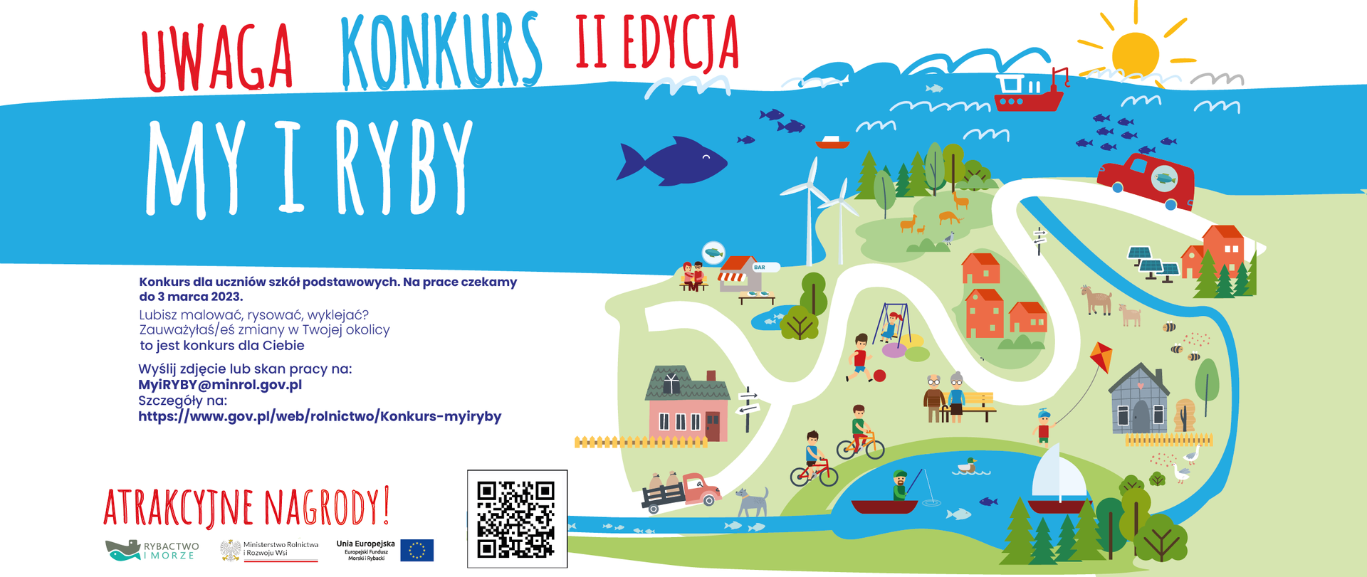 Plakat informujący o konkursie „My i RYBY – jak Europejski Fundusz Morski i Rybacki zmienił otoczenie wokół nas” 