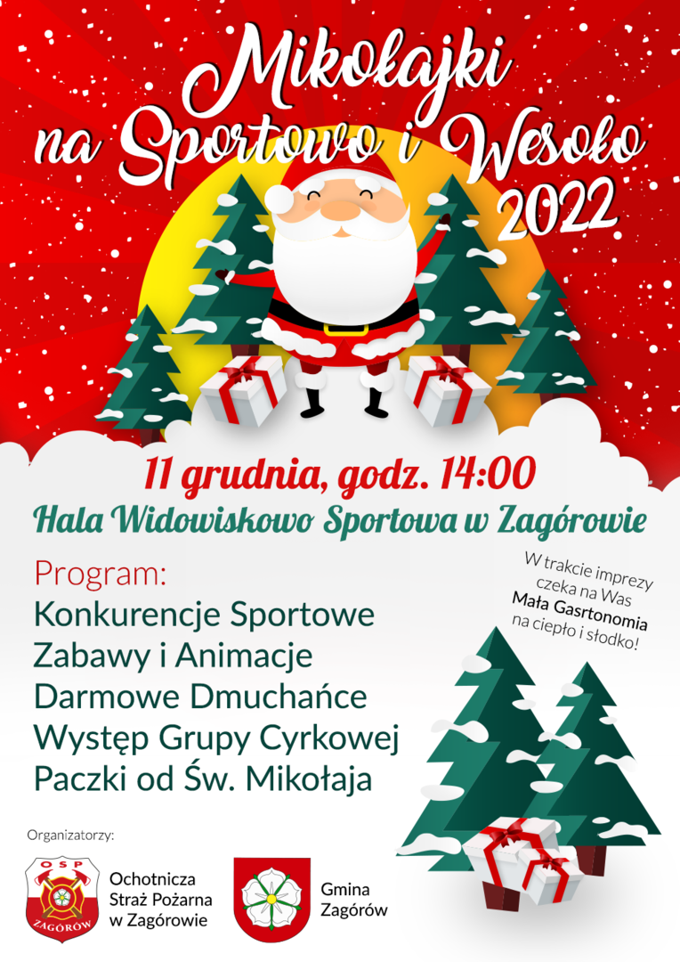 Plakat-zaproszenie do udziału w Mikołajkach na Sportowo i Wesoło  w dniu 11.12.2022 r. w hali widowiskowo sportowej w Zagórowie
