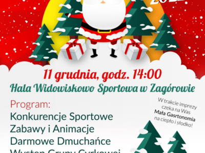 Plakat-zaproszenie do udziału w Mikołajkach na Sportowo i Wesoło  w dniu 11.12.2022 r. w hali widowiskowo sportowej w Zagórowie