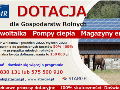 Ulotka informująca o możliwości ubiegania się o dotację dla Gospodarstw Rolnych