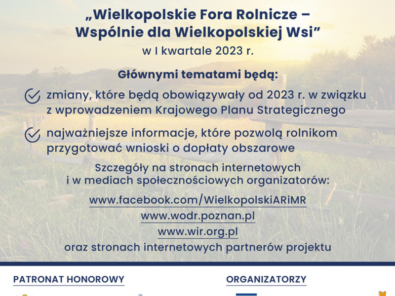Plakat informujący o spotkaniach "Wielkopolskie Fora Rolnicze - Wspólnie dla Wielkopolskiej Wsi".