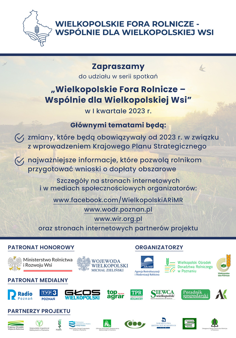 Plakat informujący o spotkaniach "Wielkopolskie Fora Rolnicze - Wspólnie dla Wielkopolskiej Wsi".