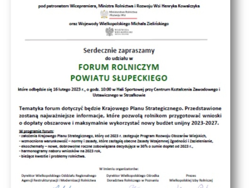 Plakat informujący o Forum Rolniczym Powiatu Słupeckiego