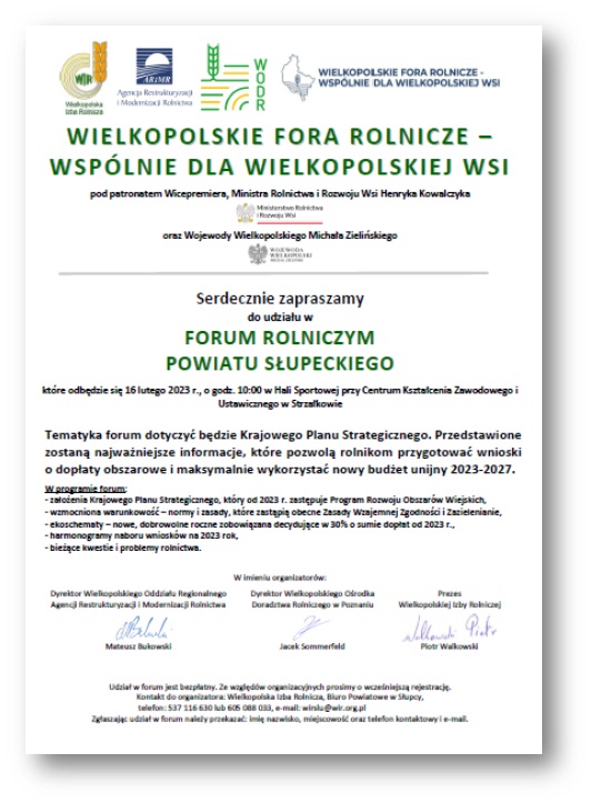Plakat informujący o Forum Rolniczym Powiatu Słupeckiego