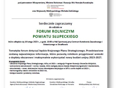 Plakat informujący o Forum Rolniczym Powiatu Słupeckiego