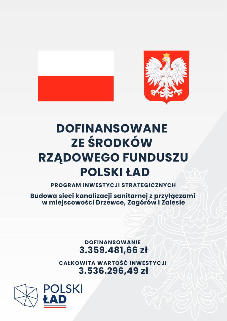 Budowa sieci kanalizacji sanitarnej z przyłączami w miejscowości Drzewce, Zagórów i Zalesie.