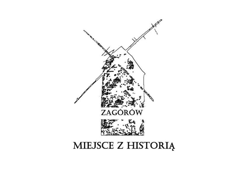 Obraz przedstawiający wiatrak oraz napis Zagórów Miejsce z Historią