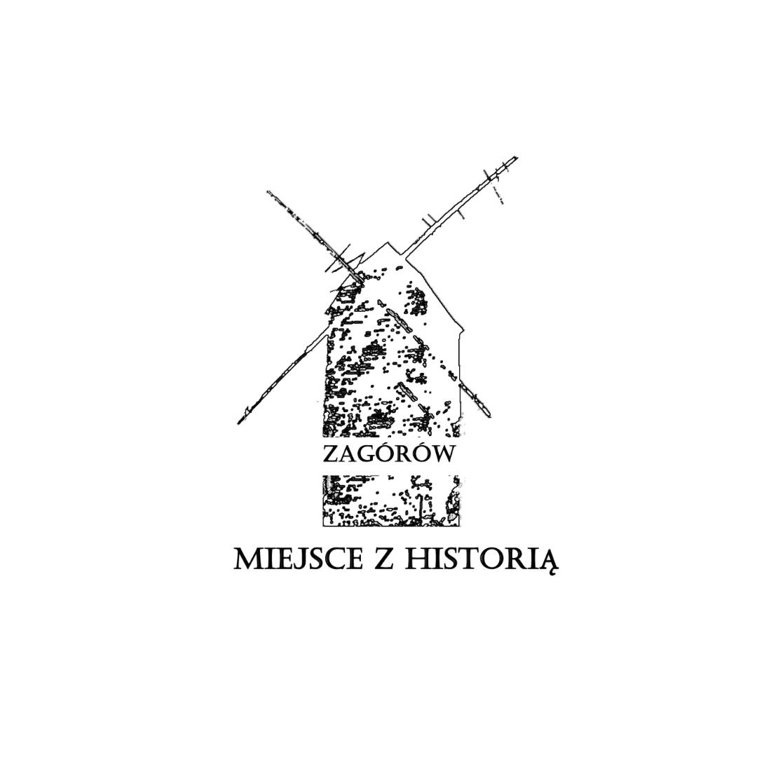 Obraz przedstawiający wiatrak oraz napis Zagórów Miejsce z Historią
