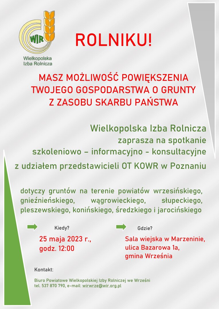 Plakat informujący o szkoleniu organizowanym przez Wielkopolską Izbę Rolniczą 
