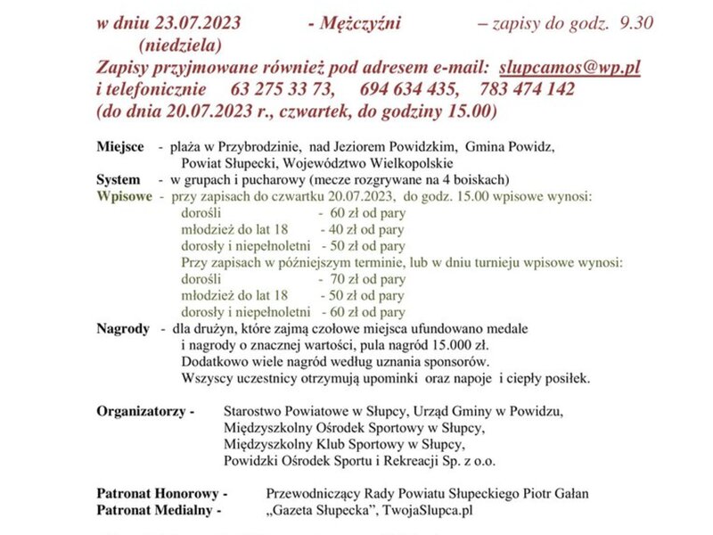 Plakat informujący o Turnieju Siatkówki Plażowej w Przybordzinie