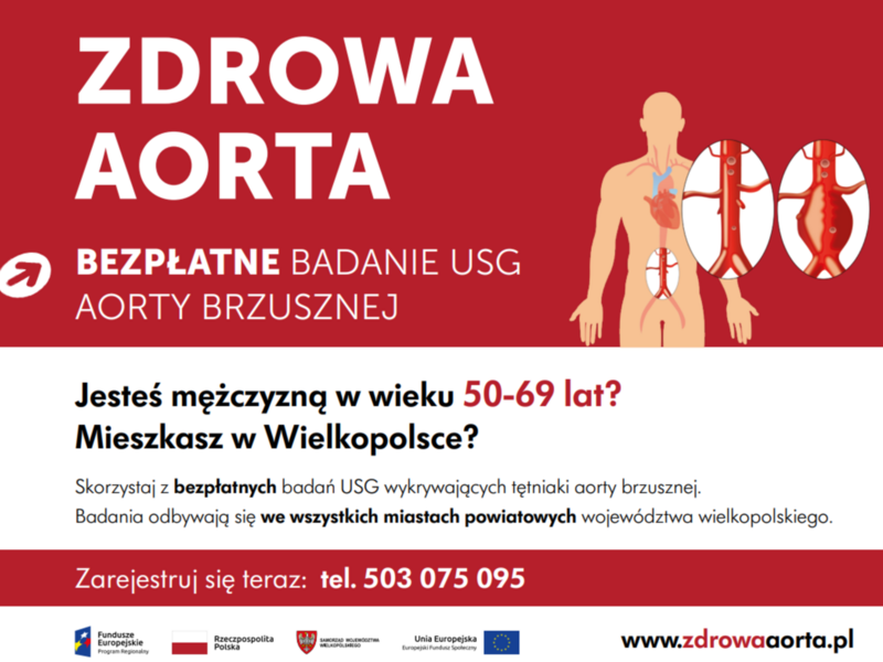 Plakat informujący o bezpłatnym badaniu aorty brzusznej