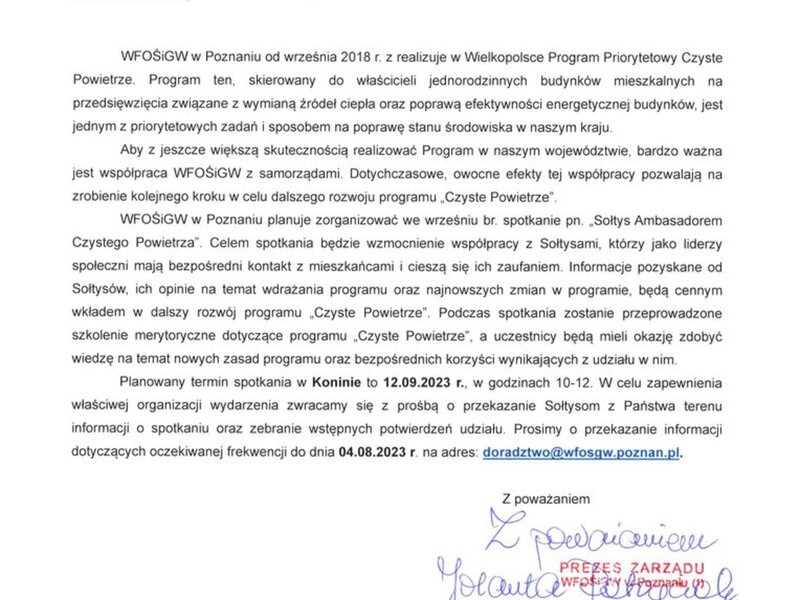 Informacja dla sołtysów o organizowanym szkoleniu z programu Czyste Powietrze