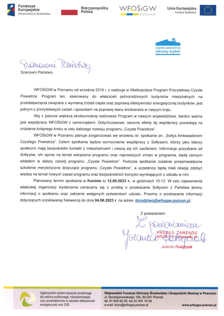 Informacja dla sołtysów o organizowanym szkoleniu z programu Czyste Powietrze