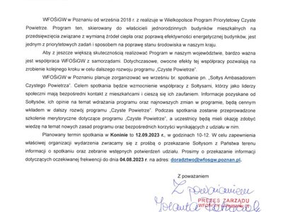 Informacja dla sołtysów o organizowanym szkoleniu z programu Czyste Powietrze