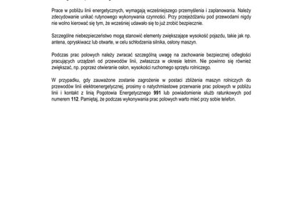 Komunikat dot. bezpieczeństwa podczas prac polowych wydany przez Energa operator