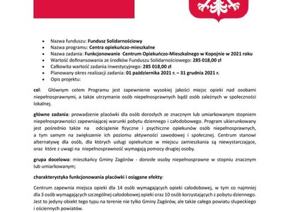 Obowiązek informacyjny dotyczący dofinansowania ze środków Funduszu Solidarnościowego w ramach Programu „Centra Opiekuńczo – Mieszkalne” - Moduł II