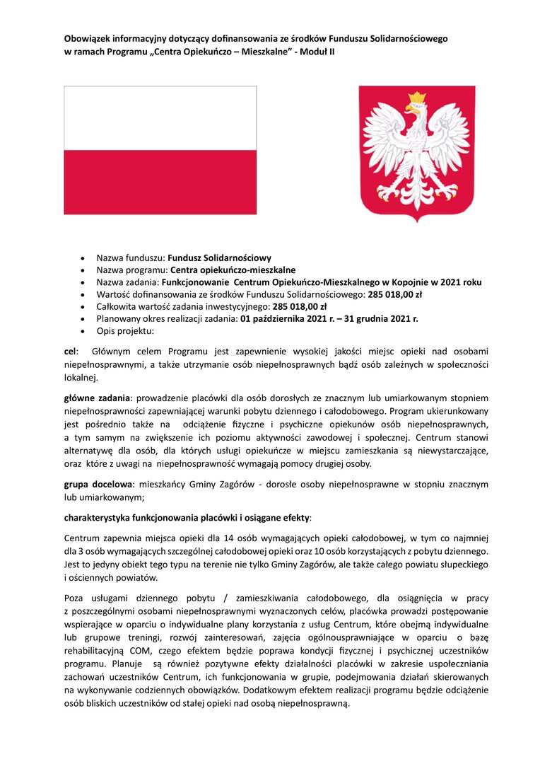 Obowiązek informacyjny dotyczący dofinansowania ze środków Funduszu Solidarnościowego w ramach Programu „Centra Opiekuńczo – Mieszkalne” - Moduł II