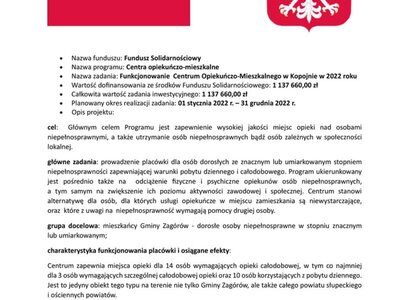 Obowiązek informacyjny dotyczący dofinansowania ze środków Funduszu Solidarnościowego w ramach Programu „Centra Opiekuńczo – Mieszkalne” - Moduł II