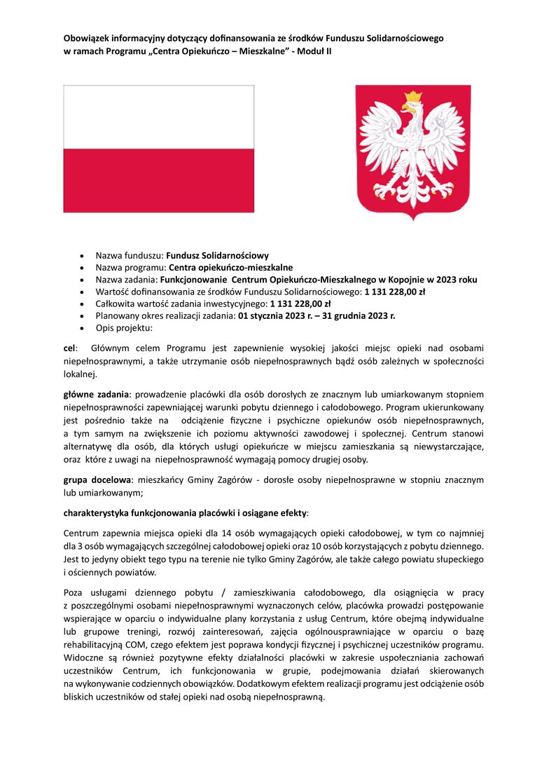 Obowiązek informacyjny dotyczący dofinansowania ze środków Funduszu Solidarnościowego w ramach Programu „Centra Opiekuńczo – Mieszkalne” - Moduł II